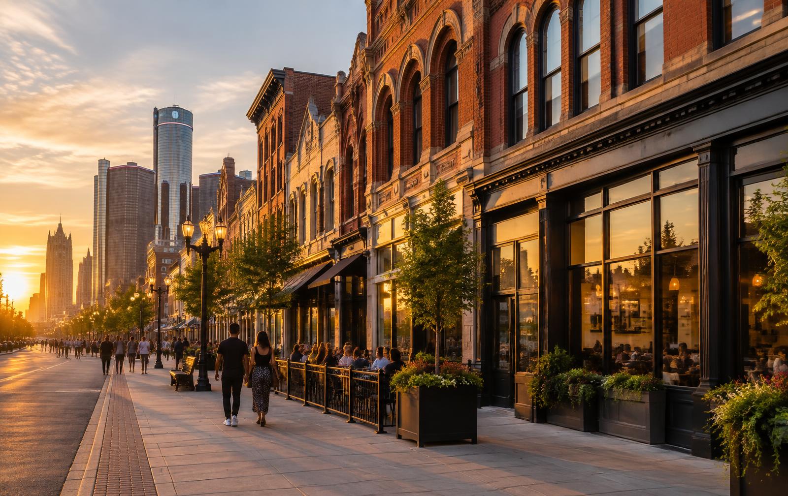 Downtown Detroit streets at golden hour